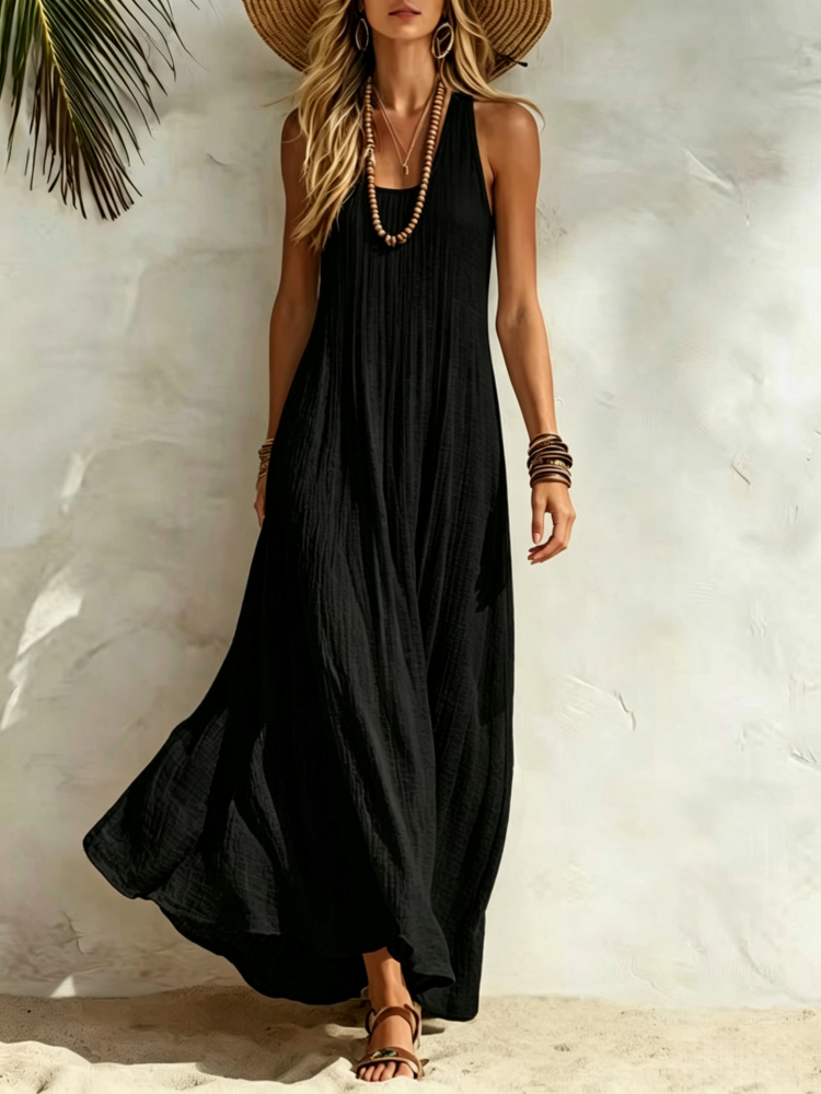 Abito Maxi Senza Maniche con Texture Crepe
