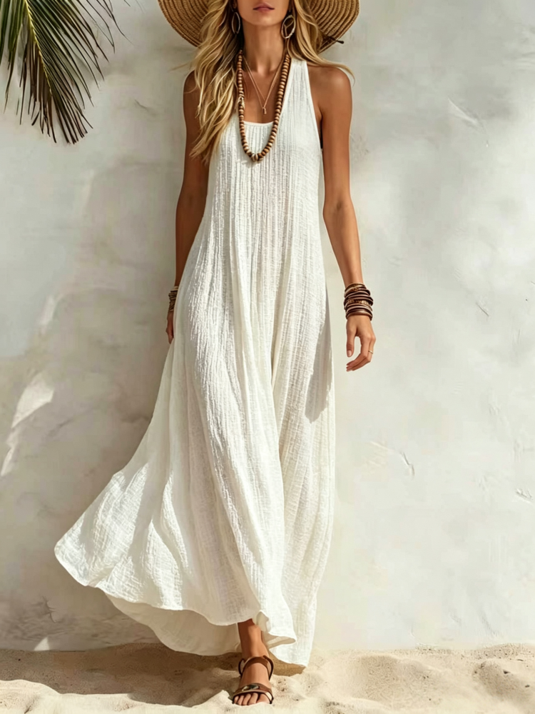 Abito Maxi Senza Maniche con Texture Crepe