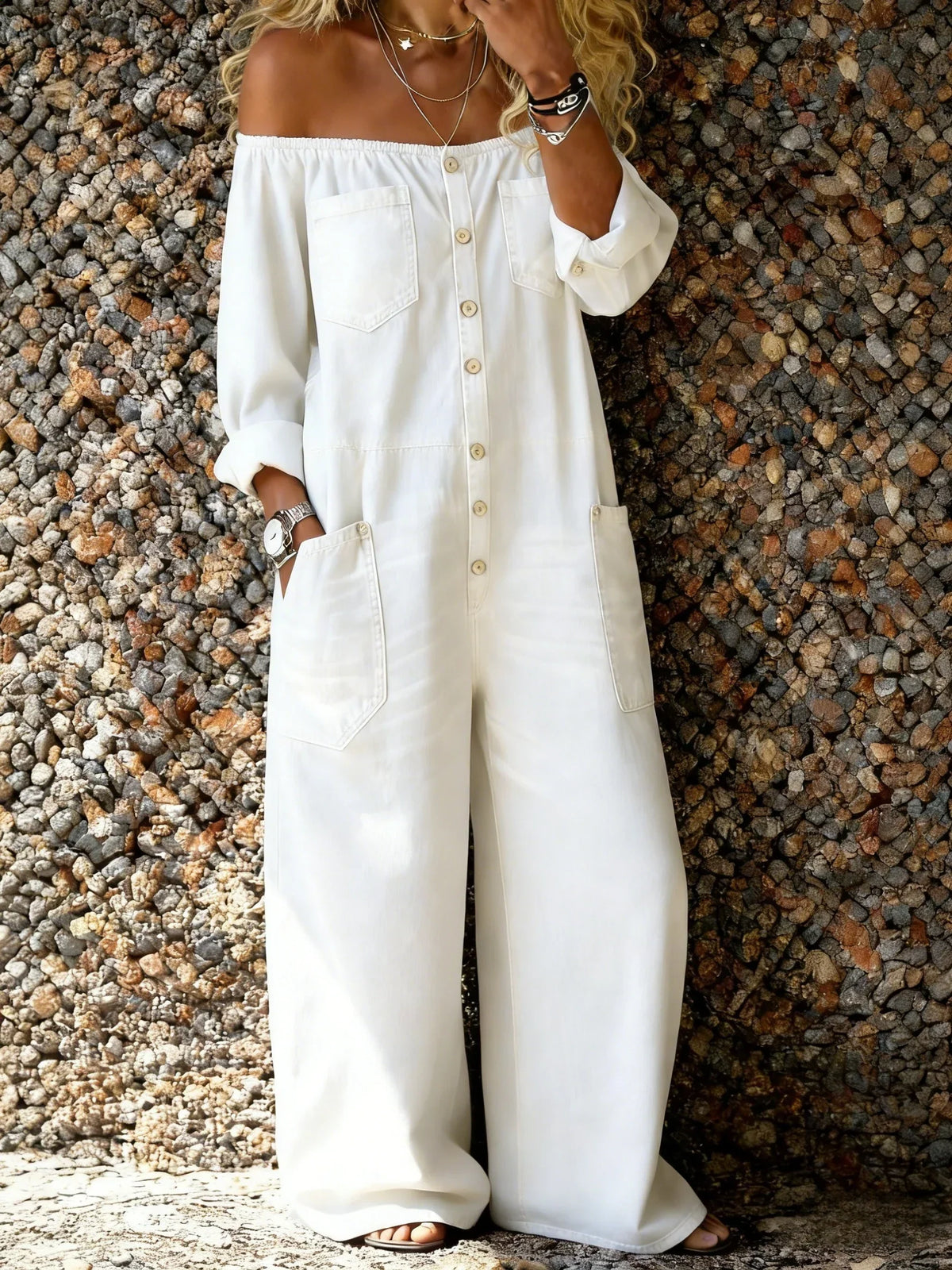 Noa | Tuta in denim con scollo Bardot