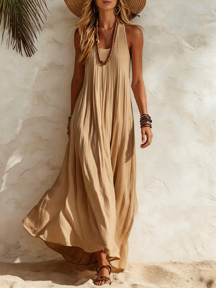 Abito Maxi Senza Maniche con Texture Crepe
