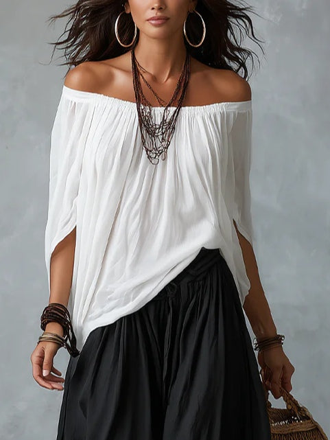 EMILIA · Completo top bianco con spalle scoperte e pantaloni ampi a lanterna