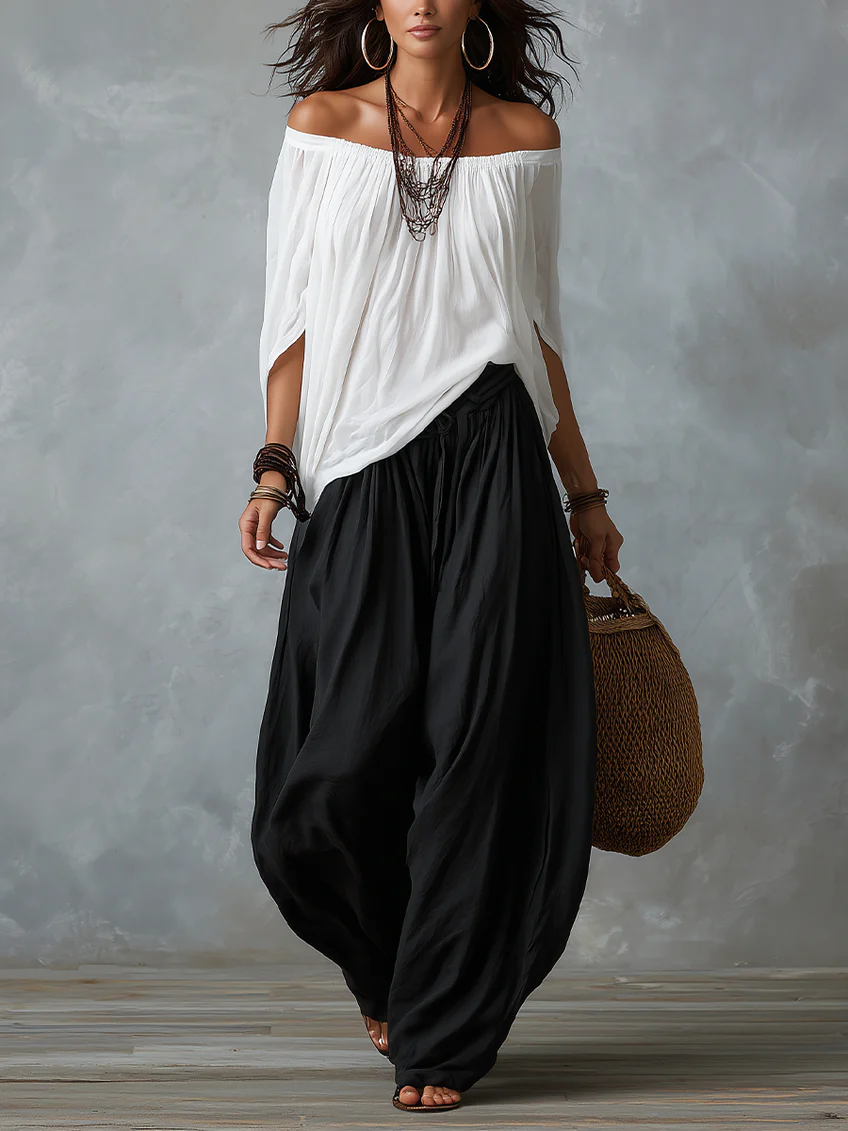 EMILIA · Completo top bianco con spalle scoperte e pantaloni ampi a lanterna