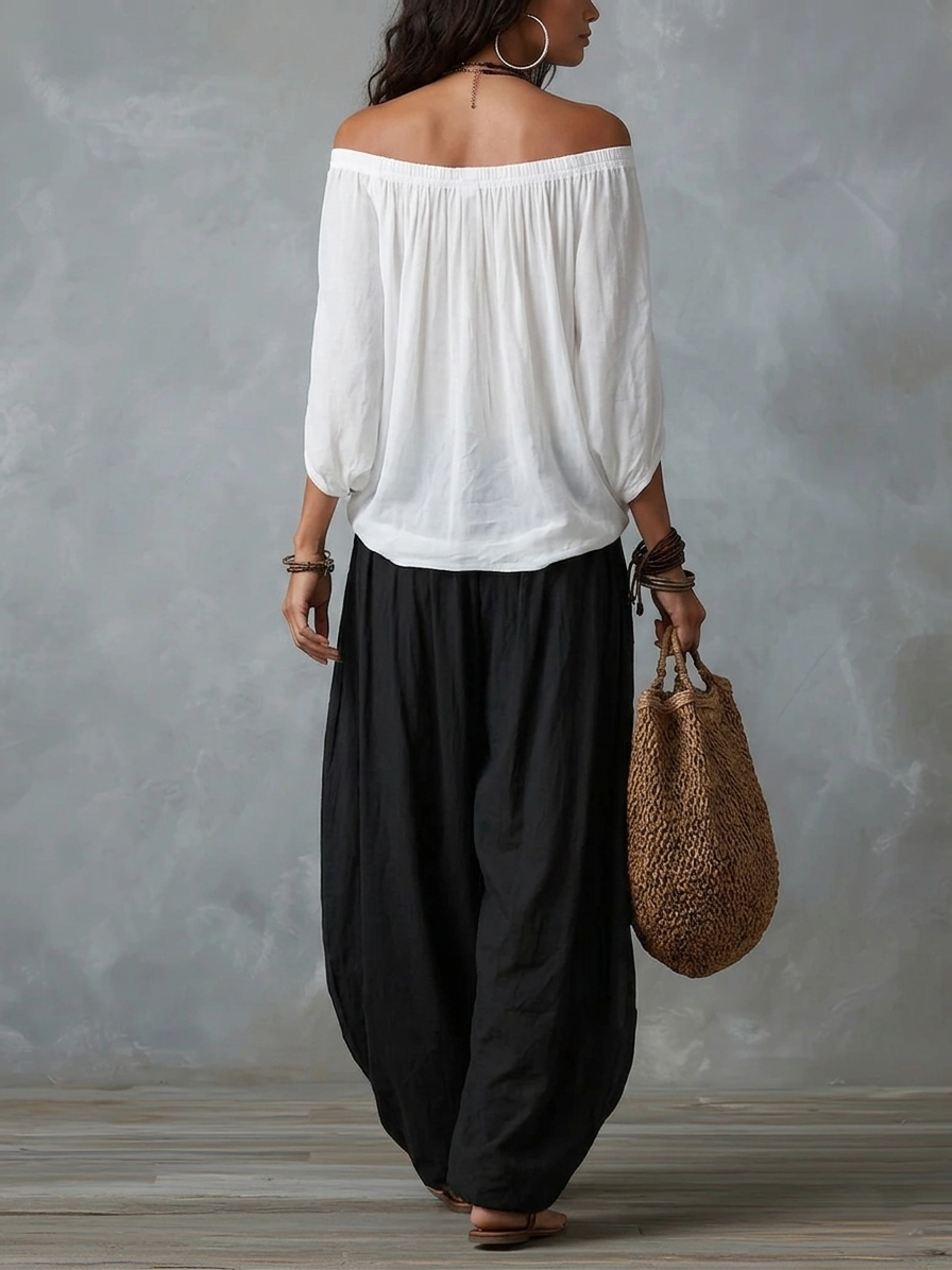 EMILIA · Completo top bianco con spalle scoperte e pantaloni ampi a lanterna