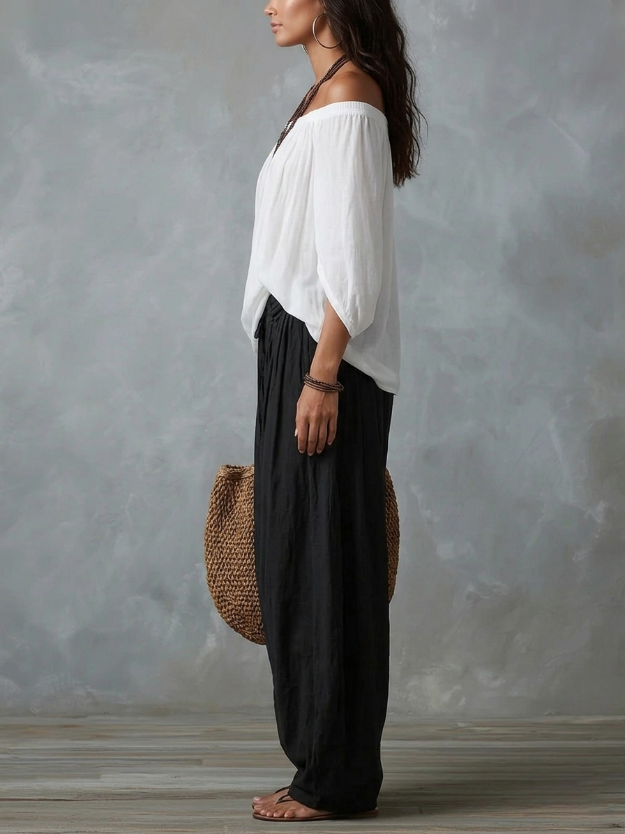 EMILIA · Completo top bianco con spalle scoperte e pantaloni ampi a lanterna