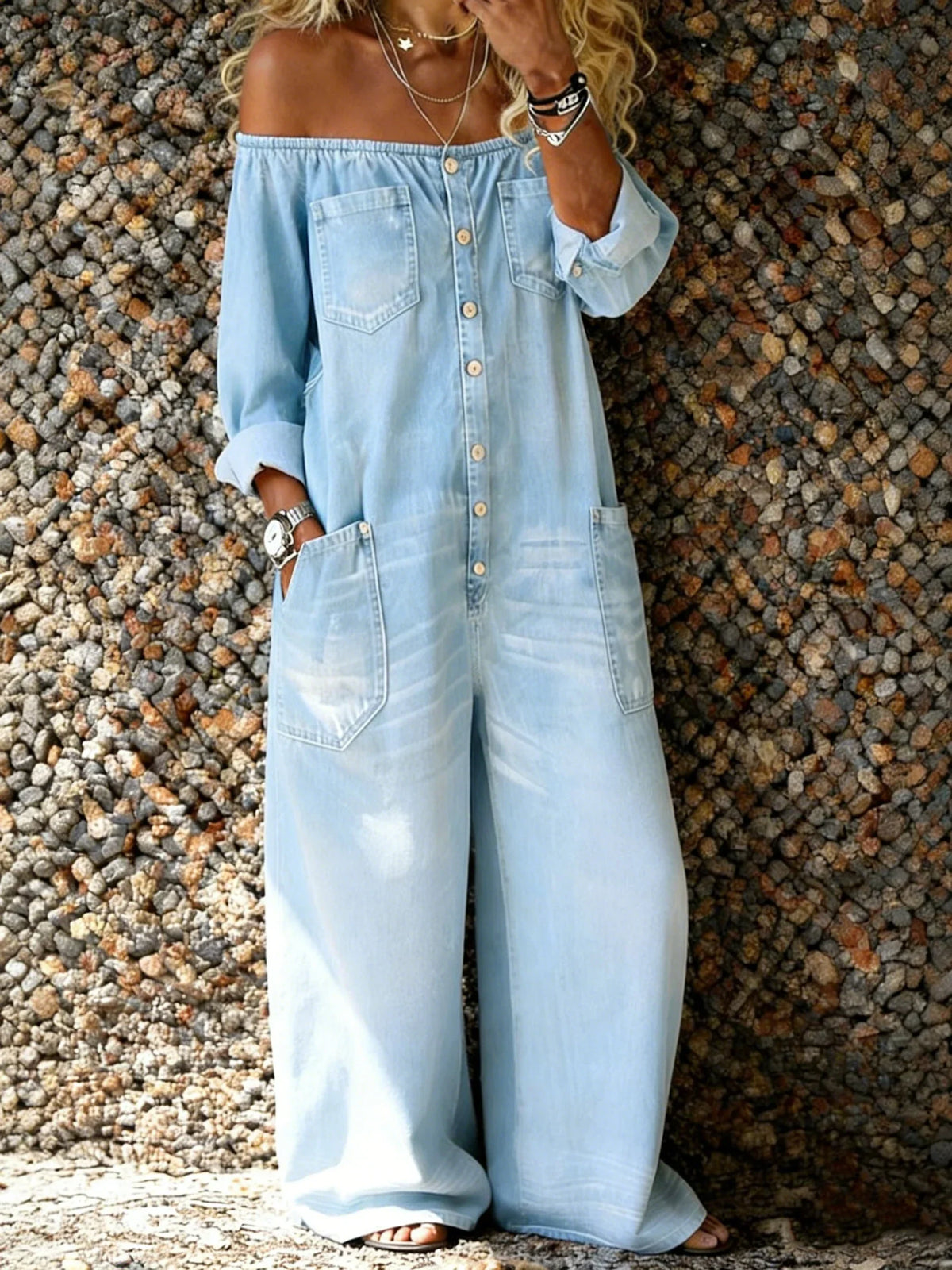 Noa | Tuta in denim con scollo Bardot