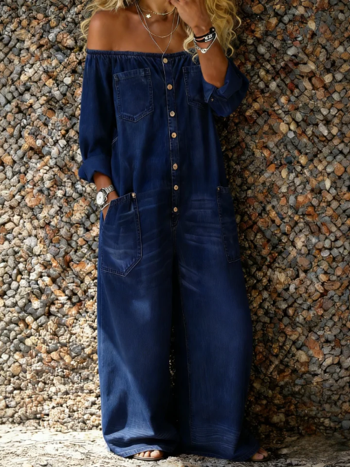 Noa | Tuta in denim con scollo Bardot