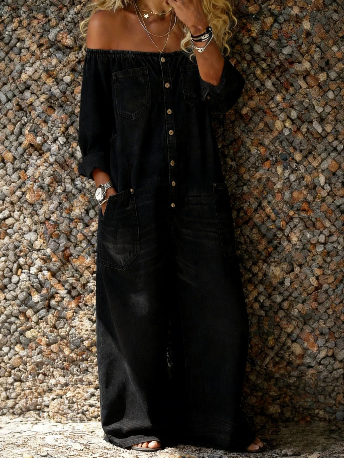 Noa | Tuta in denim con scollo Bardot