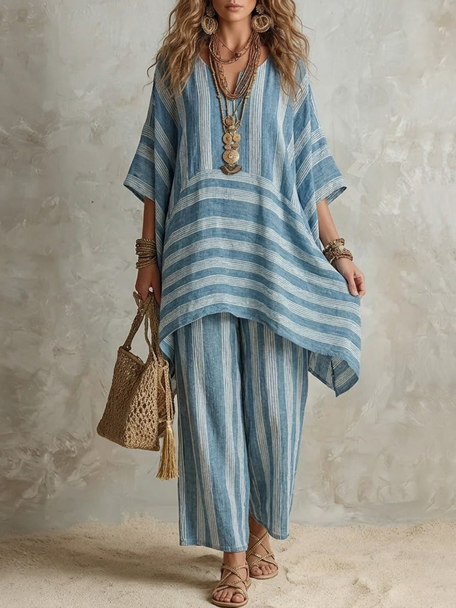 Raquel · Completo Boho in Lino a Righe Donna Taglio Oversize