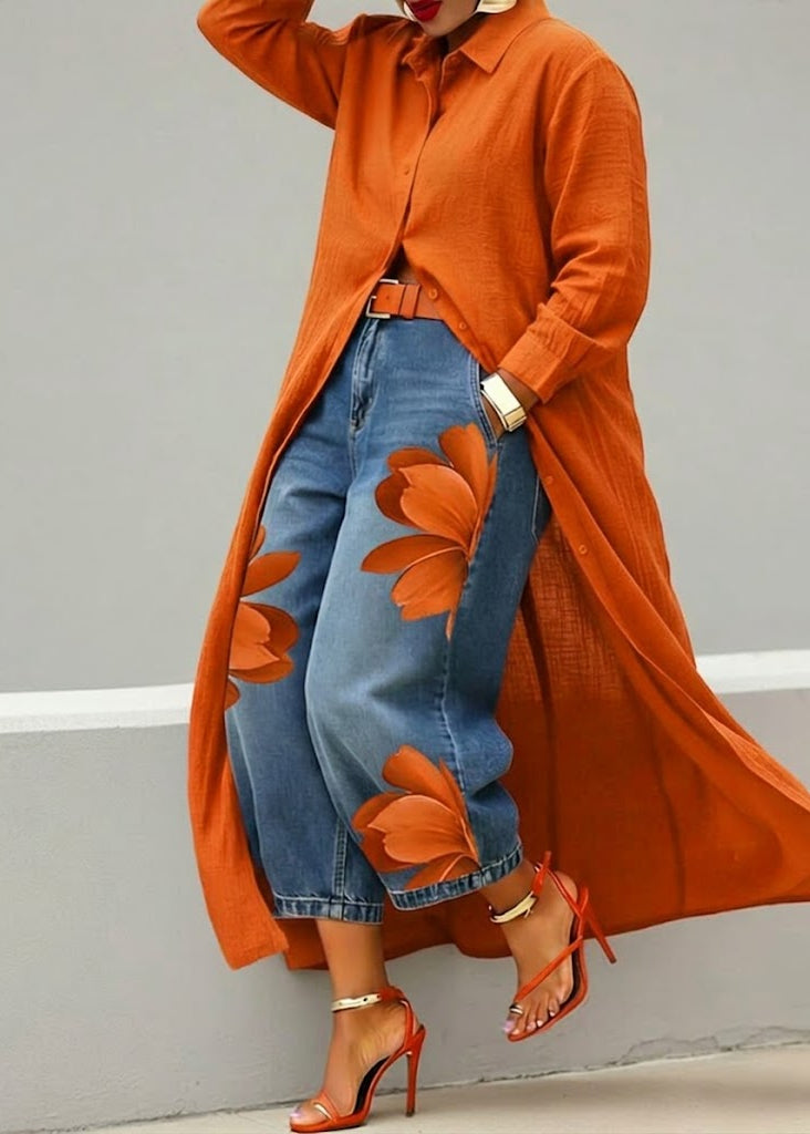 Rosa · Completo Vestito Camicia Rosso e Jeans Larghi Floreali