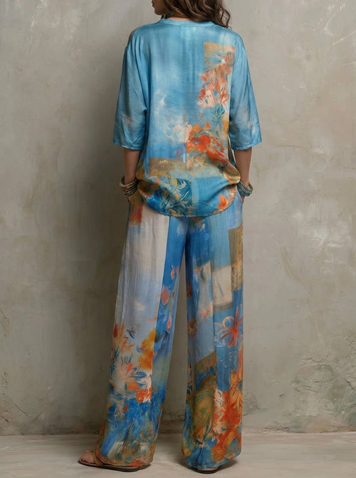 CLARA | Completo elegante stampato floreale con pantalone ampio