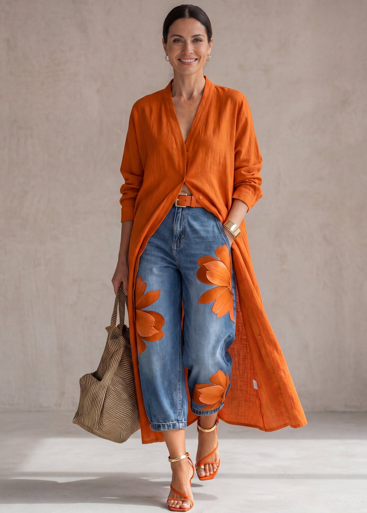 Rosa · Completo Vestito Camicia Rosso e Jeans Larghi Floreali