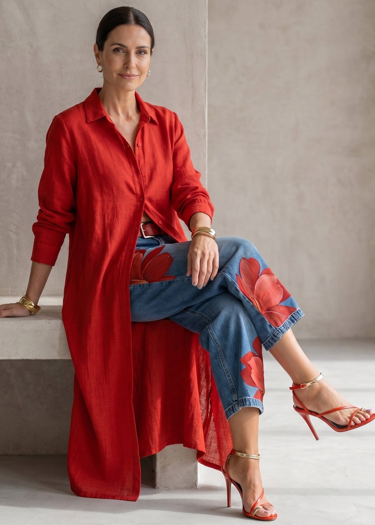 Rosa · Completo Vestito Camicia Rosso e Jeans Larghi Floreali