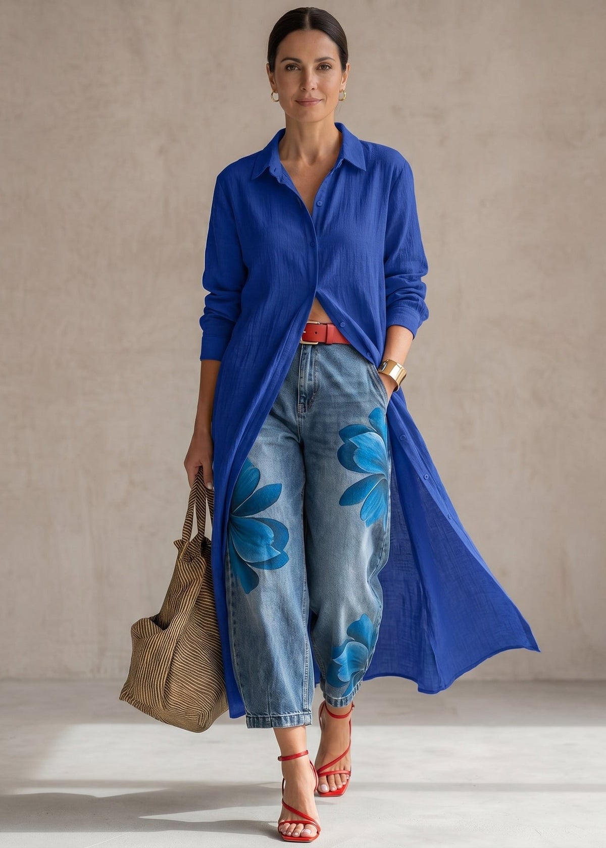 Rosa · Completo Vestito Camicia Rosso e Jeans Larghi Floreali