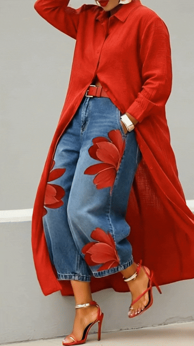 Rosa · Completo Vestito Camicia Rosso e Jeans Larghi Floreali