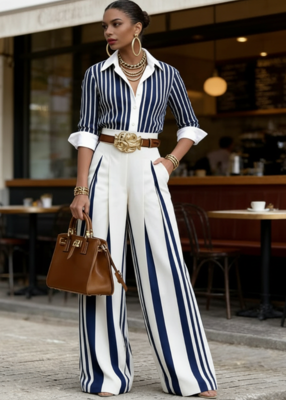 Lucia: Completo Da Donna A Righe Con Camicia E Pantalone Largo